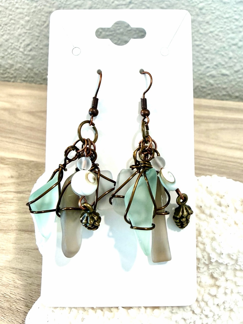 18. Handcrafted Sea Glass Cluster Dangle Earrings - Mint Green & Frosted White